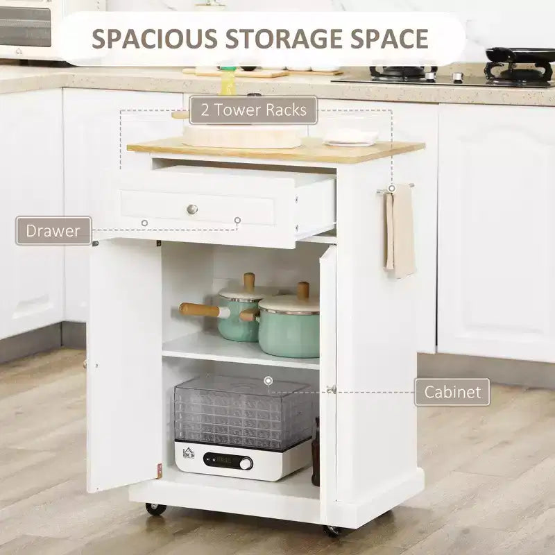 Isola da Cucina Mobile Bianca con Armadietto, Cassetto e Ruote Bloccabili – 1 Persona