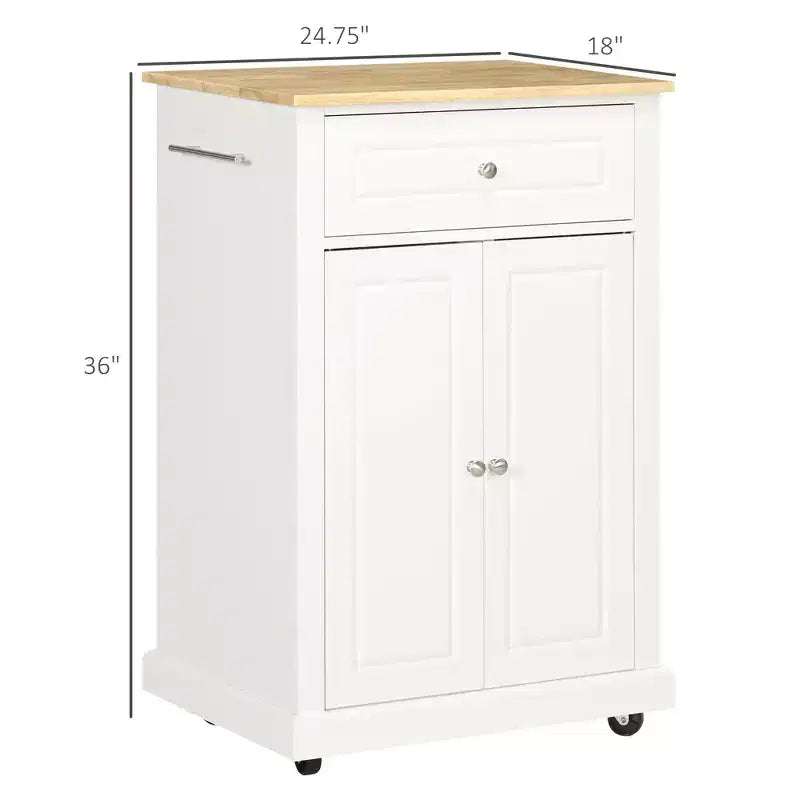 Isola da Cucina Mobile Bianca con Armadietto, Cassetto e Ruote Bloccabili – 1 Persona