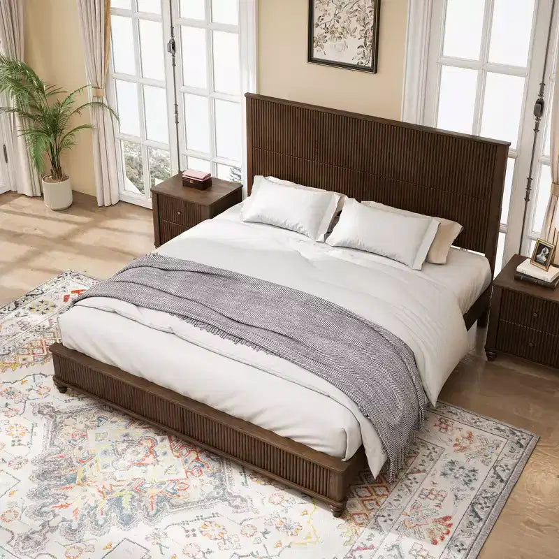 Set camera da letto 3 pezzi beige/noce – Letto matrimoniale/king size e 2 comodini
