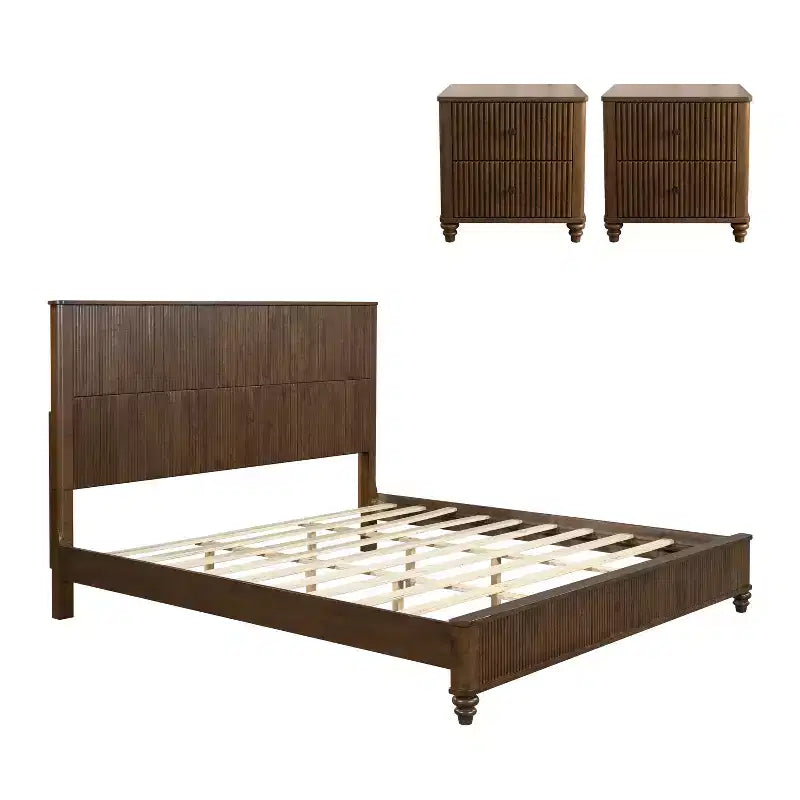 Set camera da letto 3 pezzi beige/noce – Letto matrimoniale/king size e 2 comodini