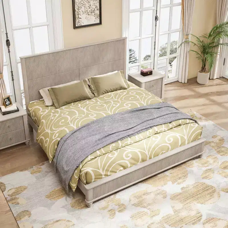 Set camera da letto 3 pezzi beige/noce – Letto matrimoniale/king size e 2 comodini