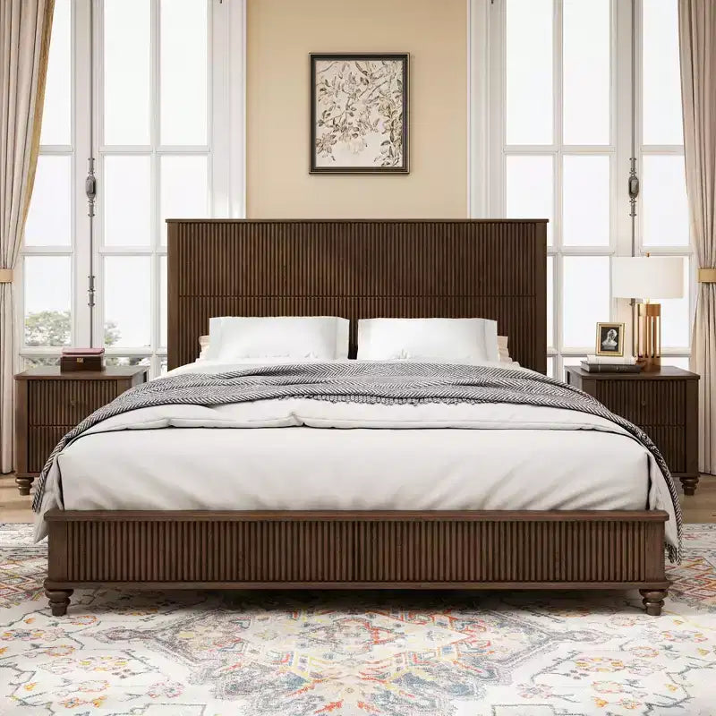 Set camera da letto 3 pezzi beige/noce – Letto matrimoniale/king size e 2 comodini