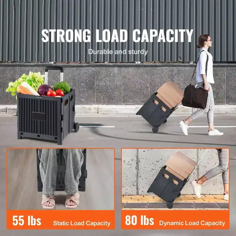 Carrello multiuso pieghevole nero con maniglia telescopica, capacità 36 kg, per 1 persona