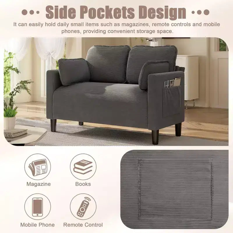 Divanetto 2 posti in velluto a coste beige / verde scuro / grigio, struttura in legno massello