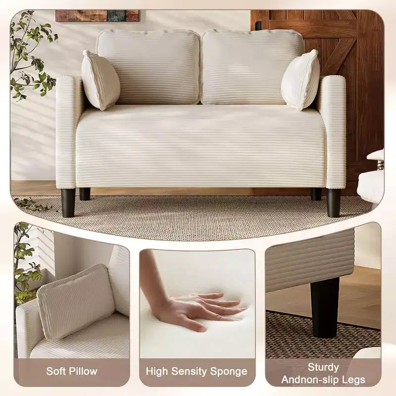 Divanetto 2 posti in velluto a coste beige / verde scuro / grigio, struttura in legno massello