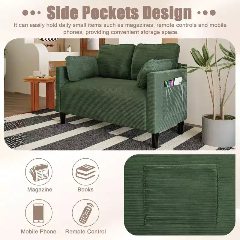 Divanetto 2 posti in velluto a coste beige / verde scuro / grigio, struttura in legno massello