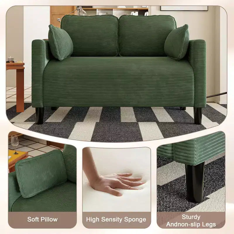 Divanetto 2 posti in velluto a coste beige / verde scuro / grigio, struttura in legno massello