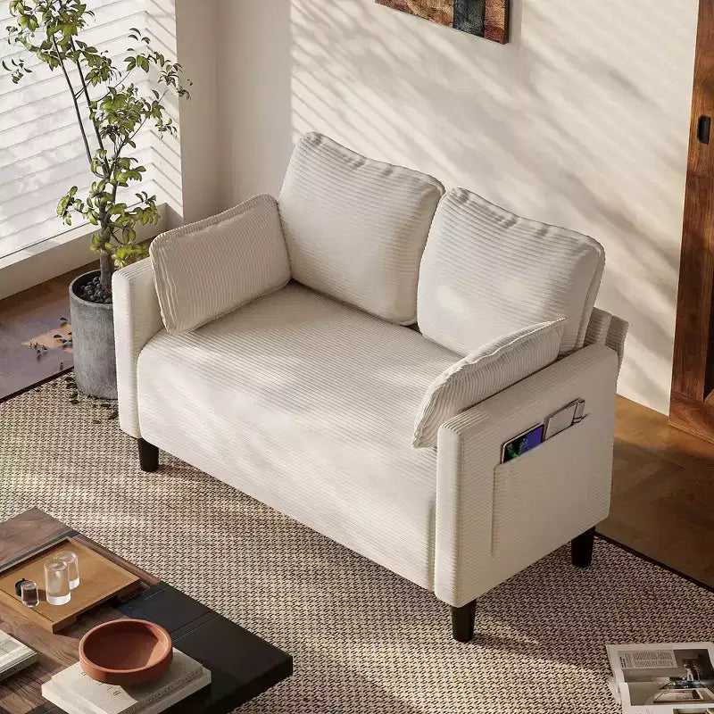 Okak Modern Small Soft Corduroy Loveseat Sofa with Pillows & Side Pockets,Solid Wood Frame Futon Couch for Living Room,Dorm