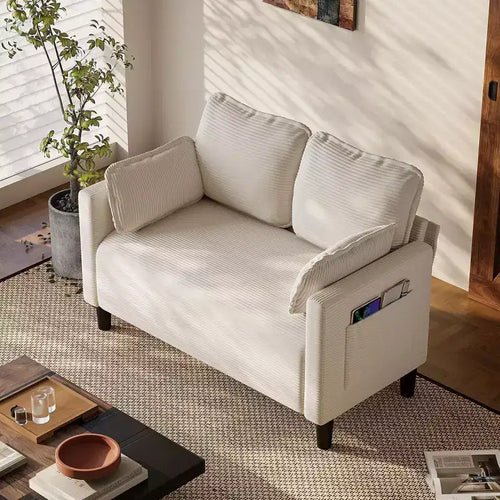 Okak Modern Small Soft Corduroy Loveseat Sofa with Pillows & Side Pockets,Solid Wood Frame Futon Couch for Living Room,Dorm