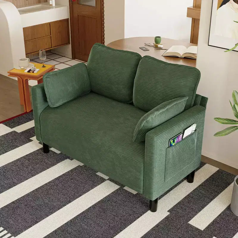 Divanetto 2 posti in velluto a coste beige / verde scuro / grigio, struttura in legno massello