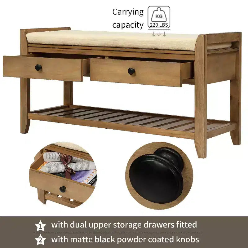 Espresso / Gray Wash / Navy / Bianco / Panchina portaoggetti in legno con cuscino, 2 cassetti e scarpiera, 1 posto