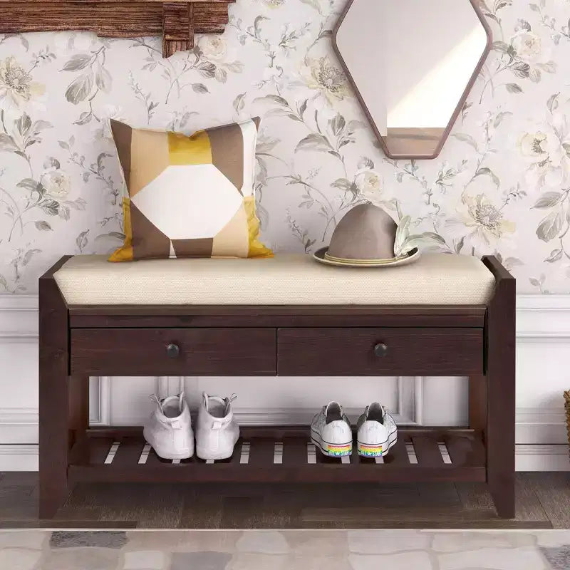 Espresso / Gray Wash / Navy / Bianco / Panchina portaoggetti in legno con cuscino, 2 cassetti e scarpiera, 1 posto