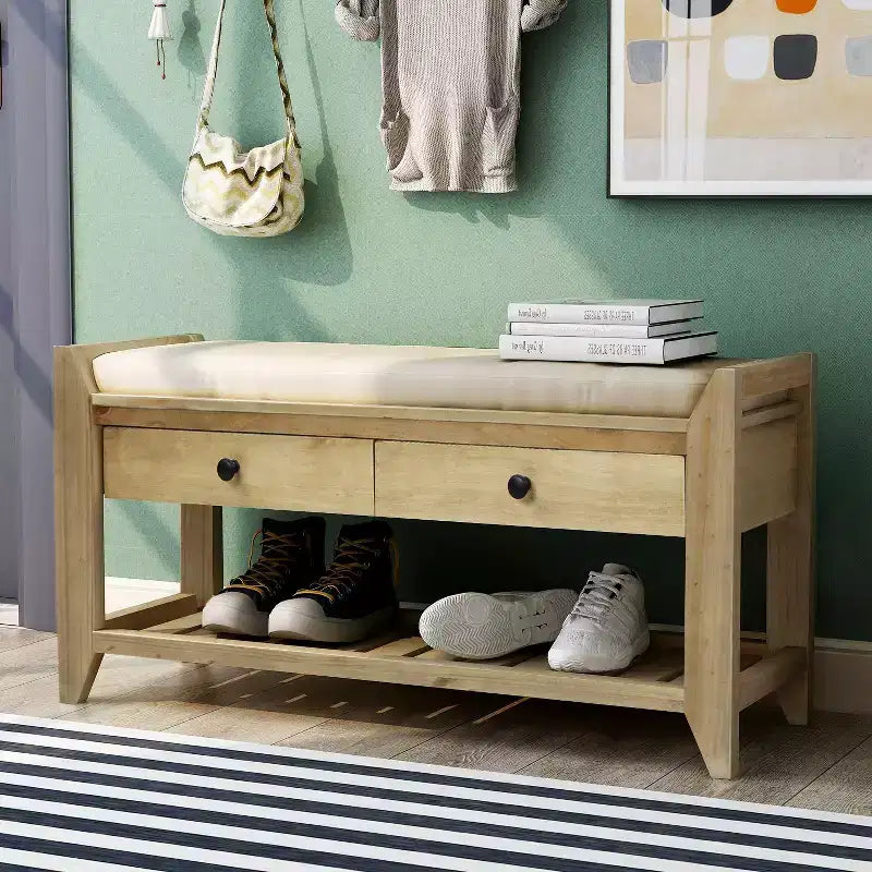 Espresso / Gray Wash / Navy / Bianco / Panchina portaoggetti in legno con cuscino, 2 cassetti e scarpiera, 1 posto