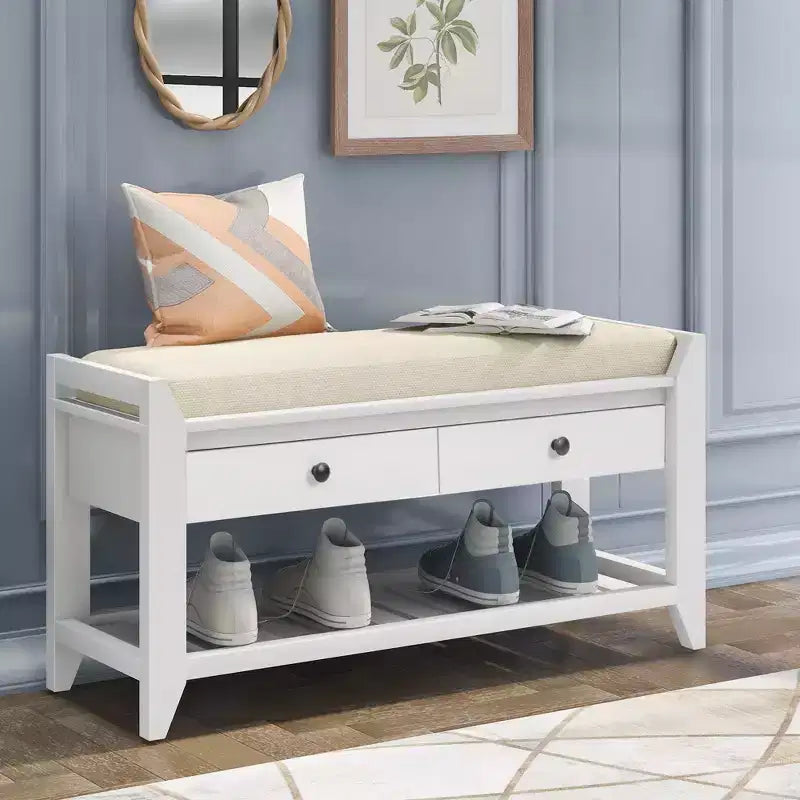 Espresso / Gray Wash / Navy / Bianco / Panchina portaoggetti in legno con cuscino, 2 cassetti e scarpiera, 1 posto