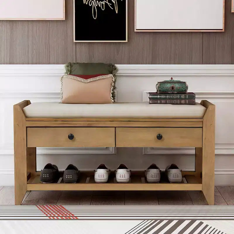 Espresso / Gray Wash / Navy / Bianco / Panchina portaoggetti in legno con cuscino, 2 cassetti e scarpiera, 1 posto