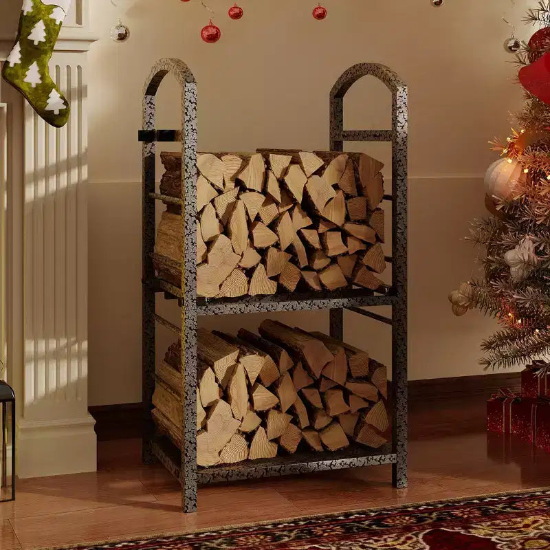 Porta Legna da Ardere in Acciaio Nero/Marrone/Argento – a 2 Ripiani, Interno/Esterno, Montaggio da 1 Persona