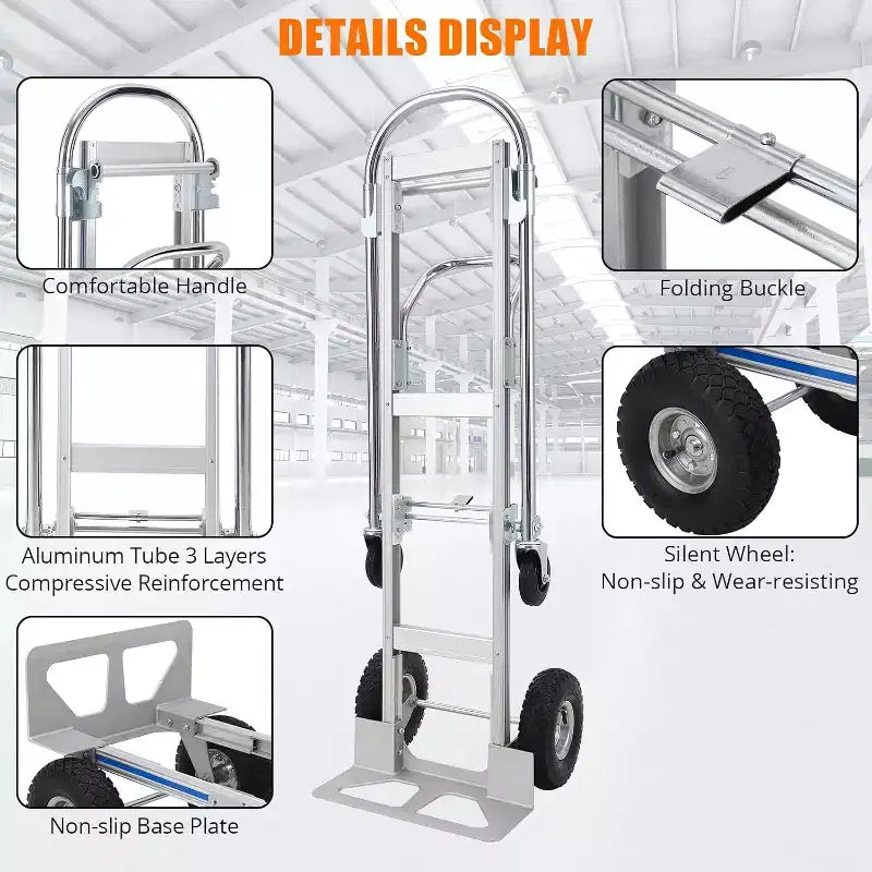 Carrello a mano convertibile 2-in-1 nero e argento, 1 persona