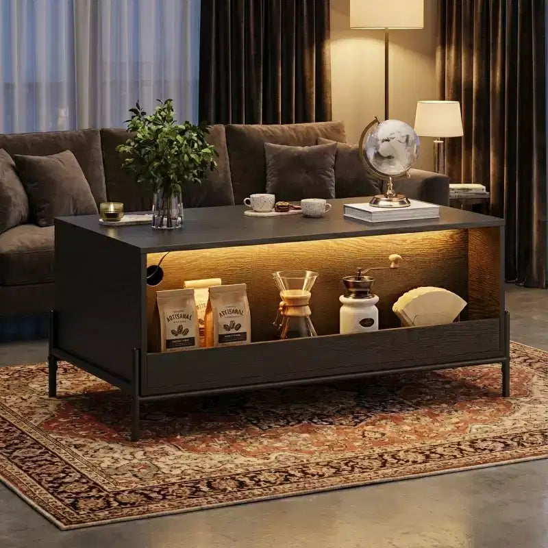 Tavolino da Caffè in Rattan Nero+Rovere con LED, Cassetti e Anta Ad Arco