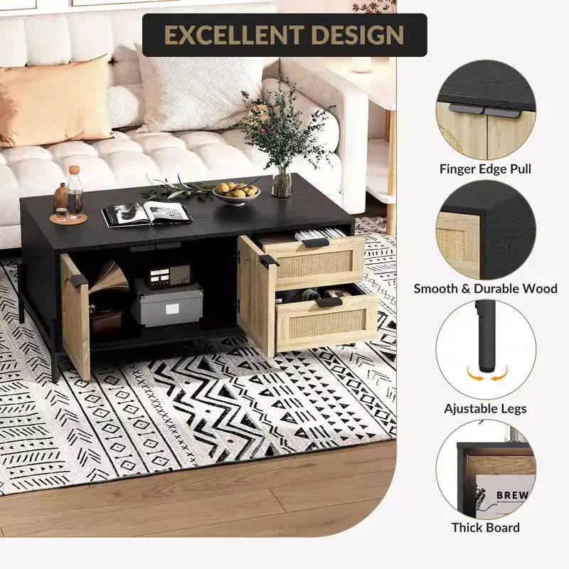 Tavolino da Caffè in Rattan Nero+Rovere con LED, Cassetti e Anta Ad Arco