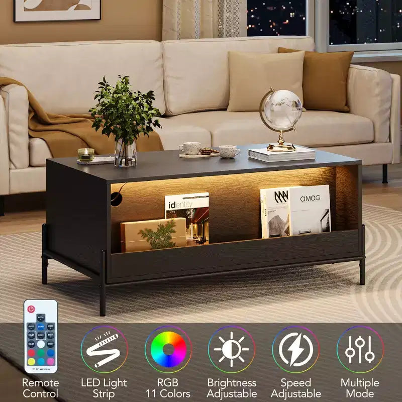 Tavolino da Caffè in Rattan Nero+Rovere con LED, Cassetti e Anta Ad Arco