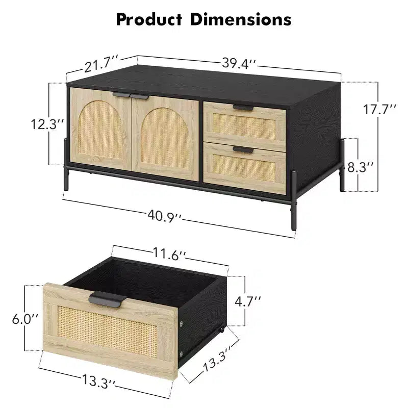 Tavolino da Caffè in Rattan Nero+Rovere con LED, Cassetti e Anta Ad Arco