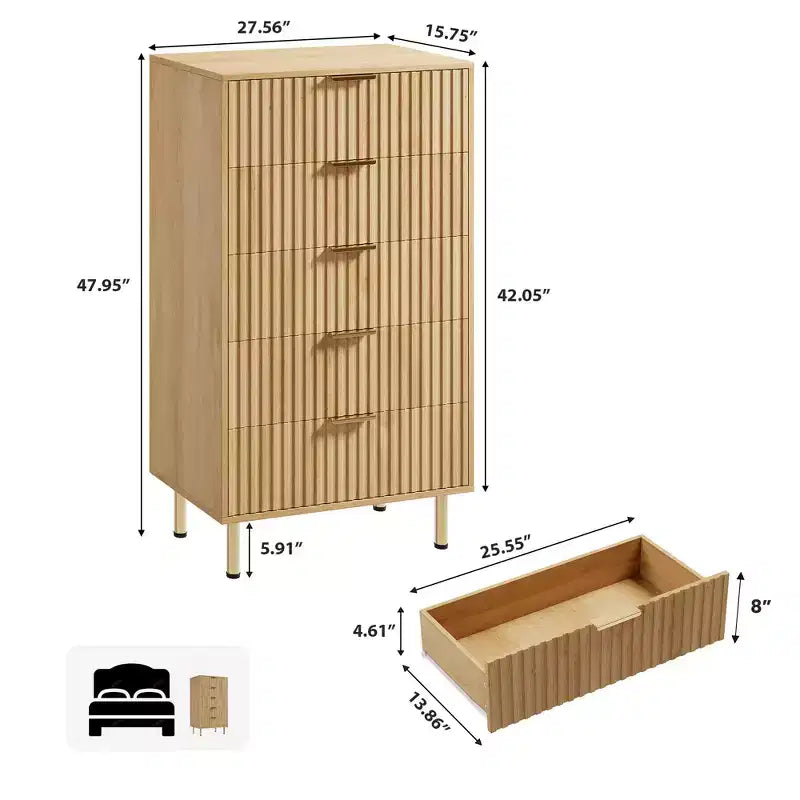 Cassettiera a 5 cassetti in legno naturale, stile scanalato, per 1