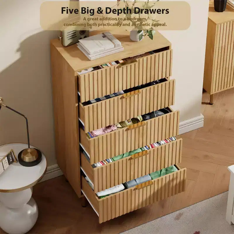 Cassettiera a 5 cassetti in legno naturale, stile scanalato, per 1