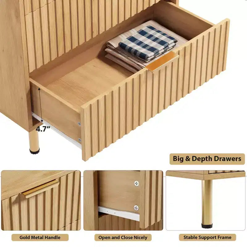 Cassettiera a 5 cassetti in legno naturale, stile scanalato, per 1