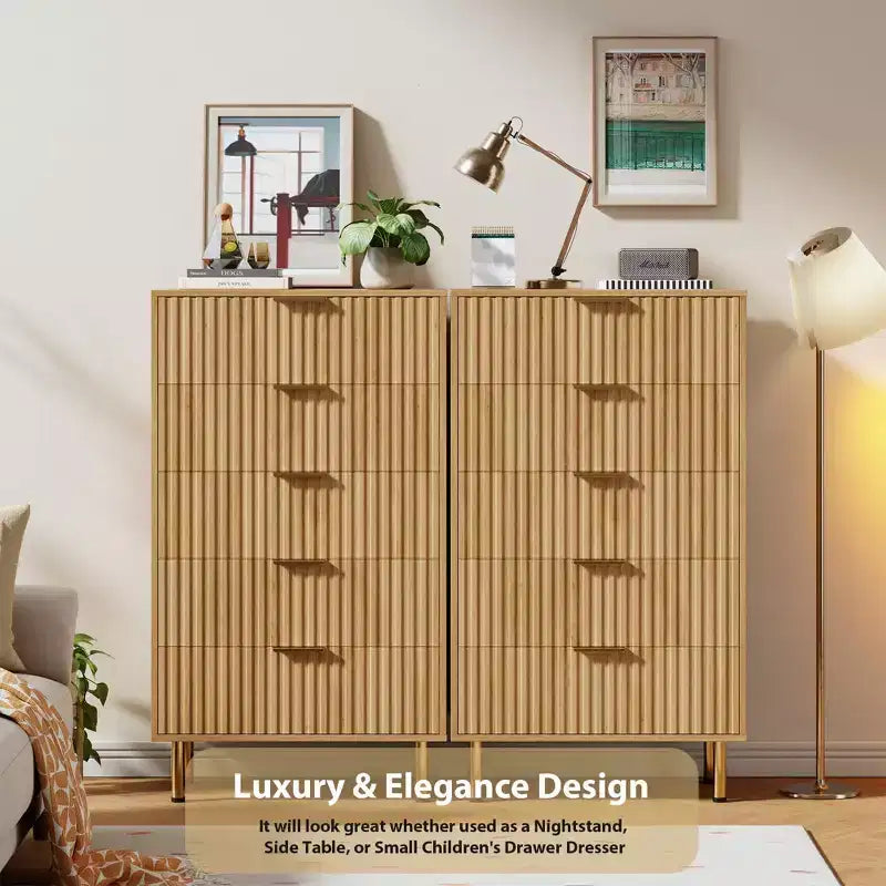 Cassettiera a 5 cassetti in legno naturale, stile scanalato, per 1