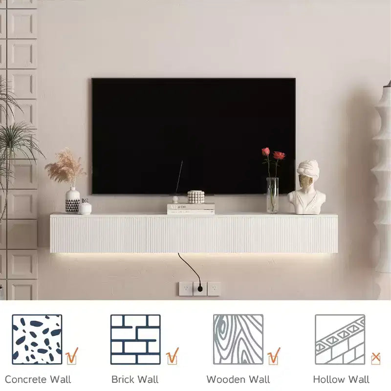 Mobile TV galleggiante a parete in MDF naturale con LED a 16 colori, adatto a TV fino a 70", montaggio a 1 persona