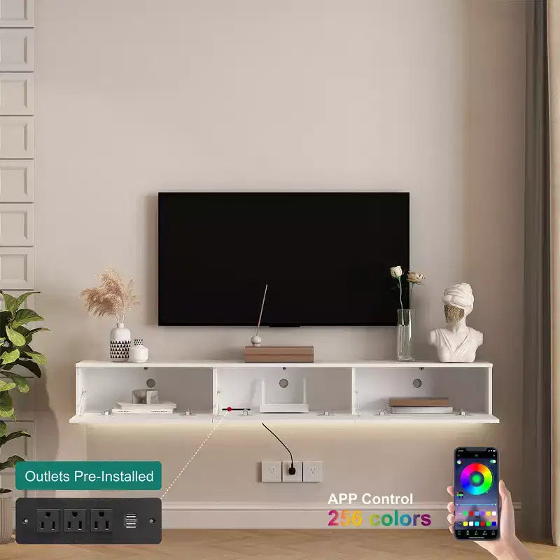 Mobile TV galleggiante a parete in MDF naturale con LED a 16 colori, adatto a TV fino a 70", montaggio a 1 persona