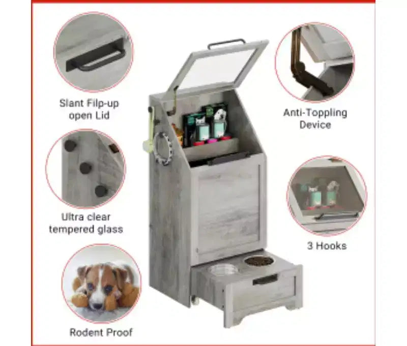 Mobile Dispensa per Cibo per Cani Grigio con Coperchio a Ribalta, 1 Anta 2 Ripiani, per 1 Animale Domestico