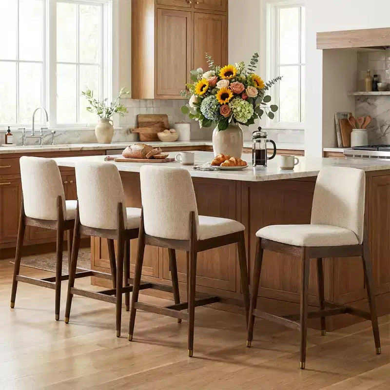 Sgabello da bancone rustico naturale/noce e beige, schienale curvo, set da 4