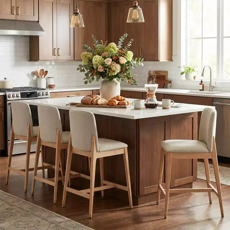 Sgabello da bancone rustico naturale/noce e beige, schienale curvo, set da 4