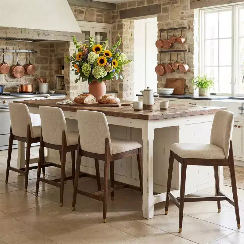 Sgabello da bancone rustico naturale/noce e beige, schienale curvo, set da 4