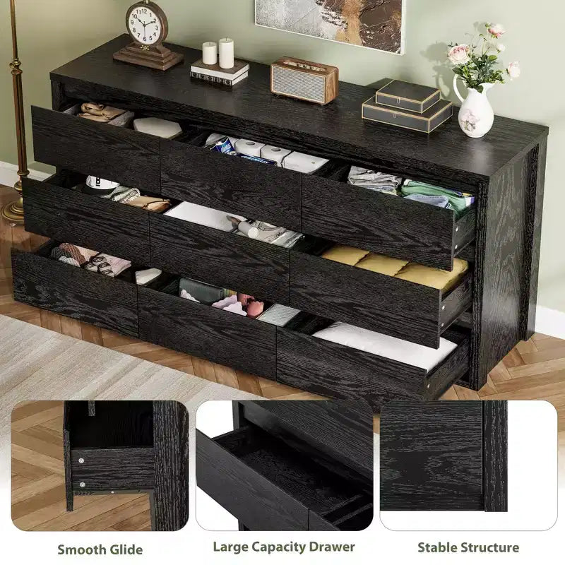 Cassettiera in legno bianca e nera a 9 cassetti, senza maniglie, montaggio da 1 persona