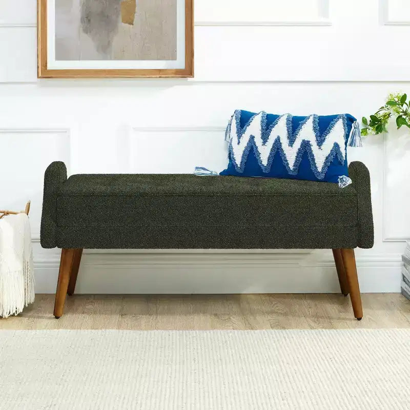Panca Pouf Rivestita Beige/Verde con Braccioli Geometrici, Gambe in Legno, 1 Persona