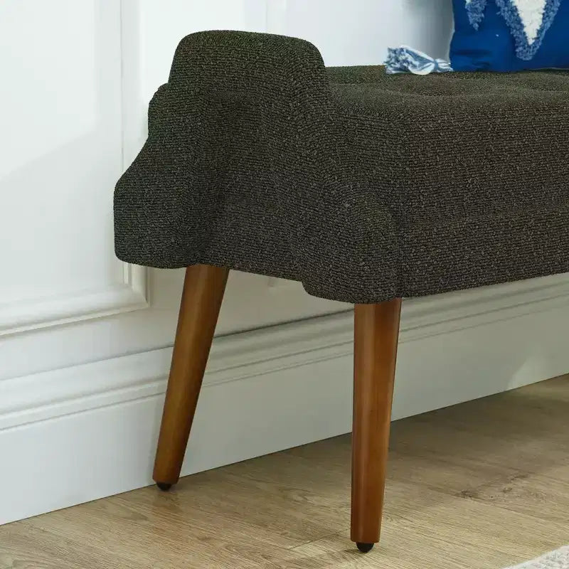 Panca Pouf Rivestita Beige/Verde con Braccioli Geometrici, Gambe in Legno, 1 Persona