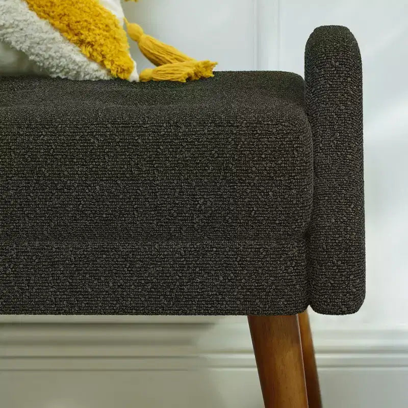 Panca Pouf Rivestita Beige/Verde con Braccioli Geometrici, Gambe in Legno, 1 Persona