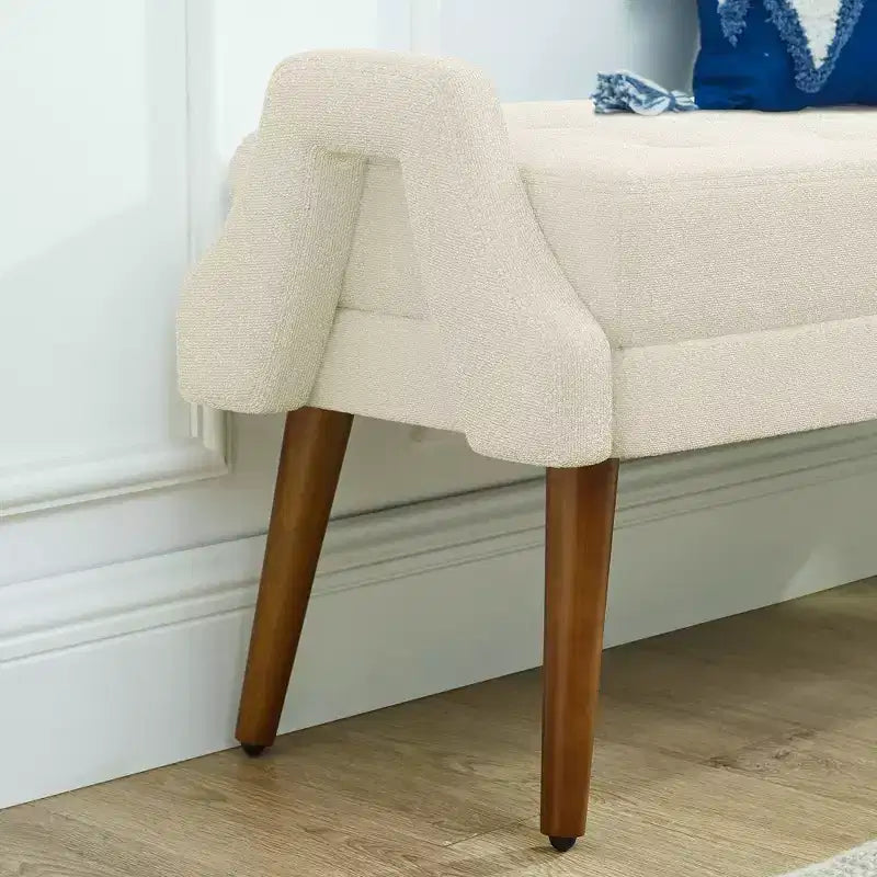 Panca Pouf Rivestita Beige/Verde con Braccioli Geometrici, Gambe in Legno, 1 Persona