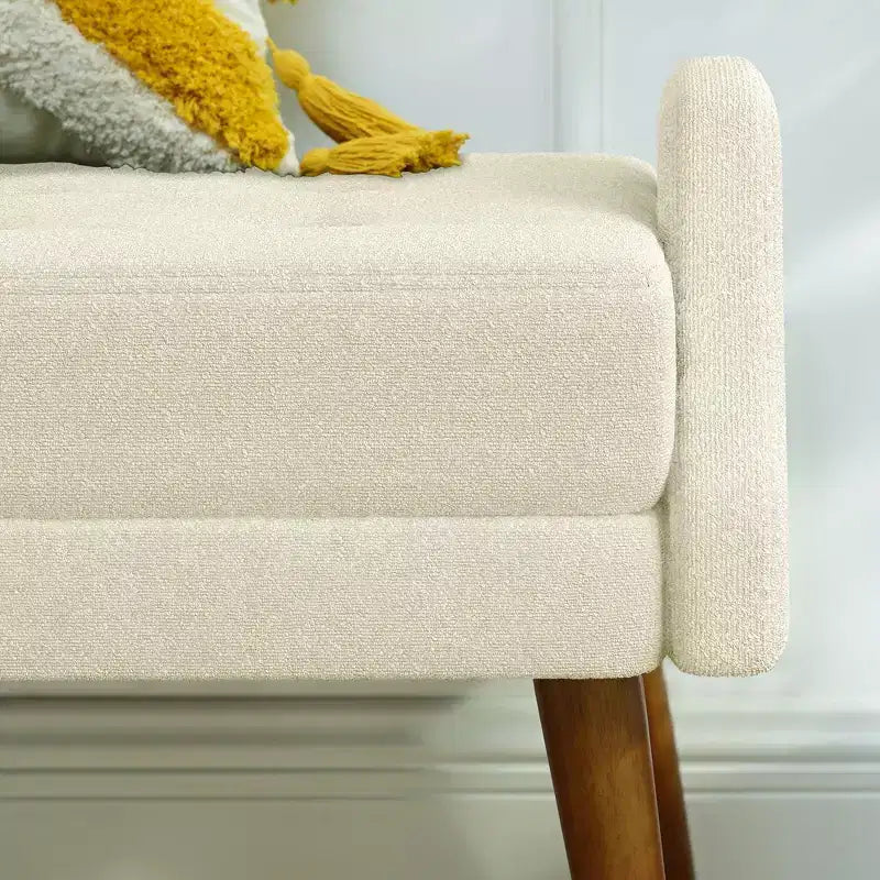 Panca Pouf Rivestita Beige/Verde con Braccioli Geometrici, Gambe in Legno, 1 Persona