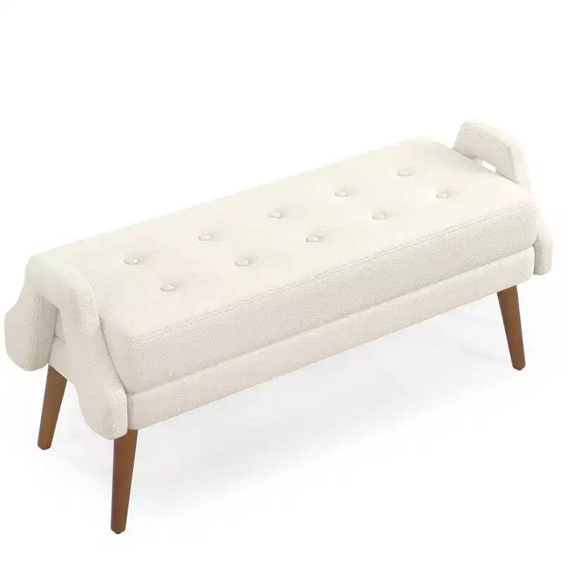 Panca Pouf Rivestita Beige/Verde con Braccioli Geometrici, Gambe in Legno, 1 Persona
