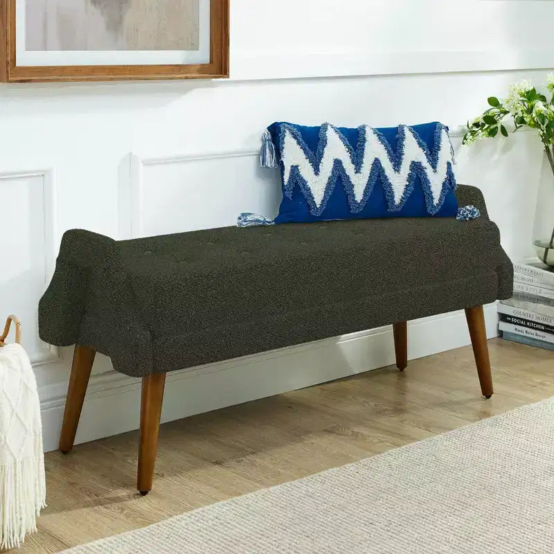 Panca Pouf Rivestita Beige/Verde con Braccioli Geometrici, Gambe in Legno, 1 Persona