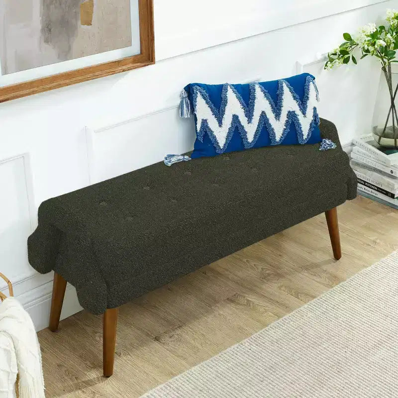 Panca Pouf Rivestita Beige/Verde con Braccioli Geometrici, Gambe in Legno, 1 Persona