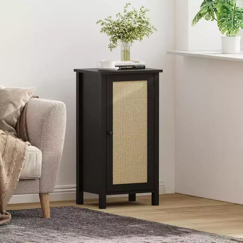 Comodino nero in legno con cassetto, 1 posto, stile rustico bohémien