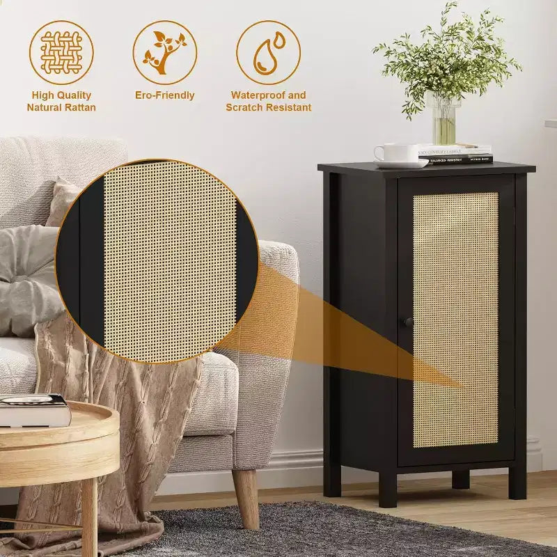 Comodino nero in legno con cassetto, 1 posto, stile rustico bohémien