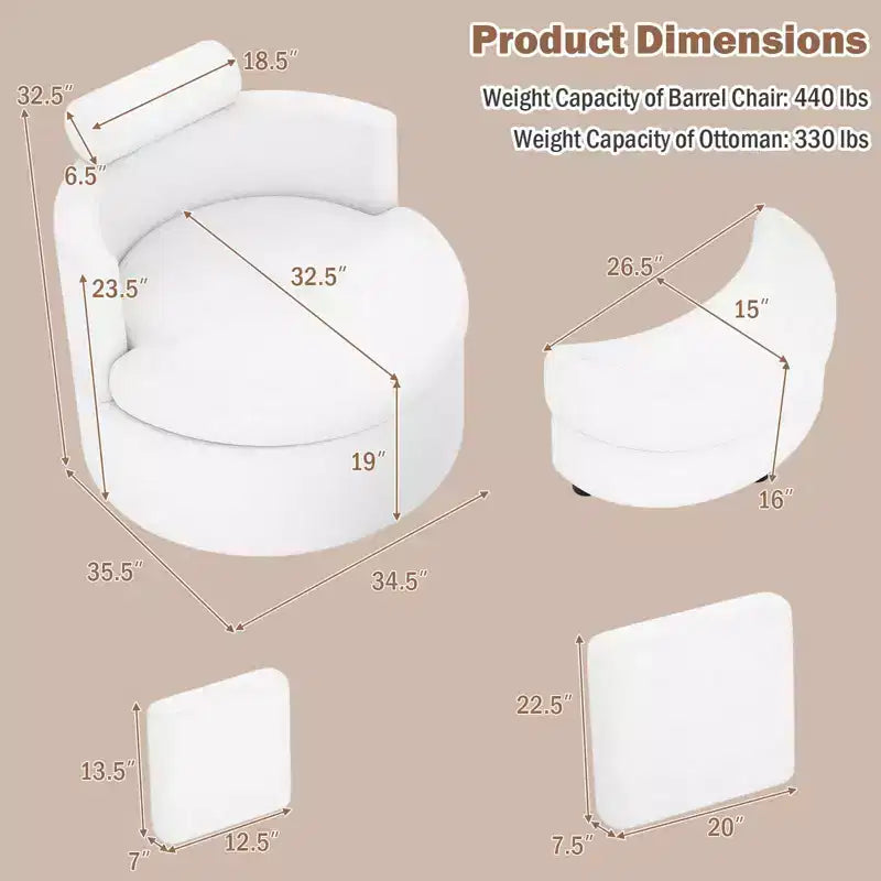 Poltrona a botte girevole in terracotta/bianco con pouf contenitore, per 1