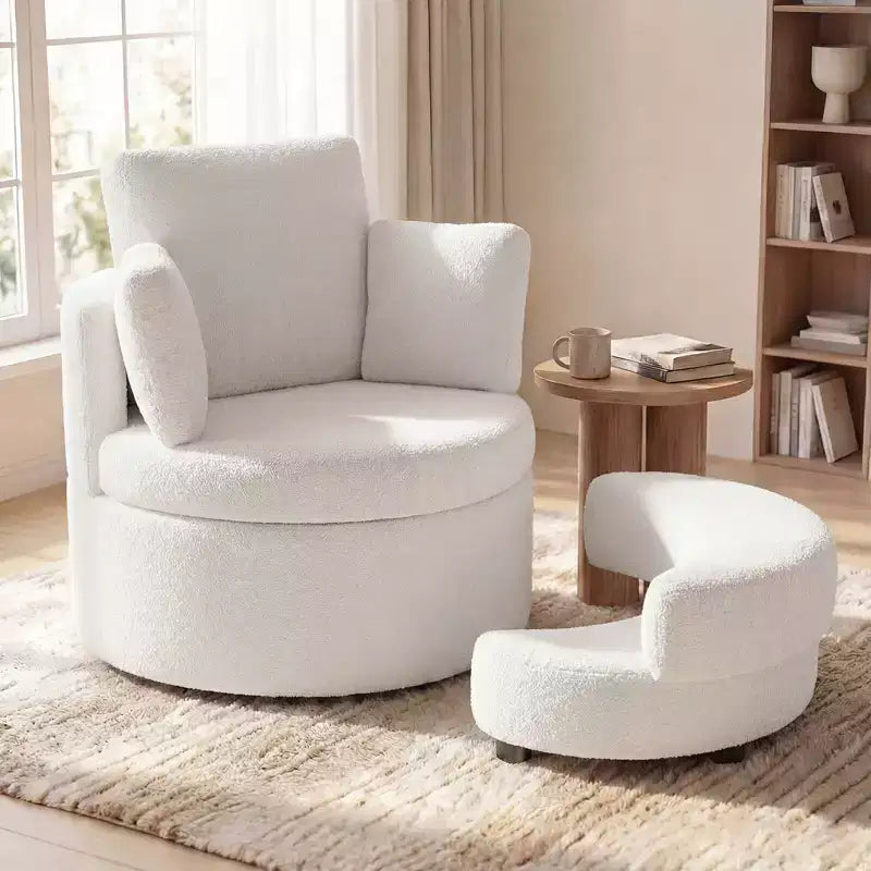 Poltrona a botte girevole in terracotta/bianco con pouf contenitore, per 1