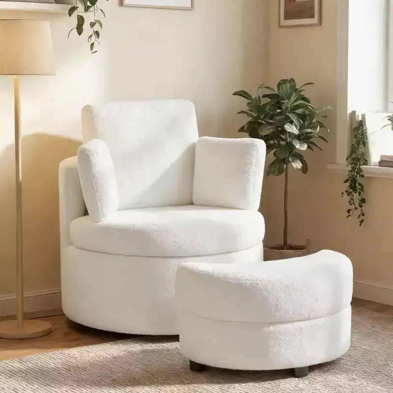 Poltrona a botte girevole in terracotta/bianco con pouf contenitore, per 1
