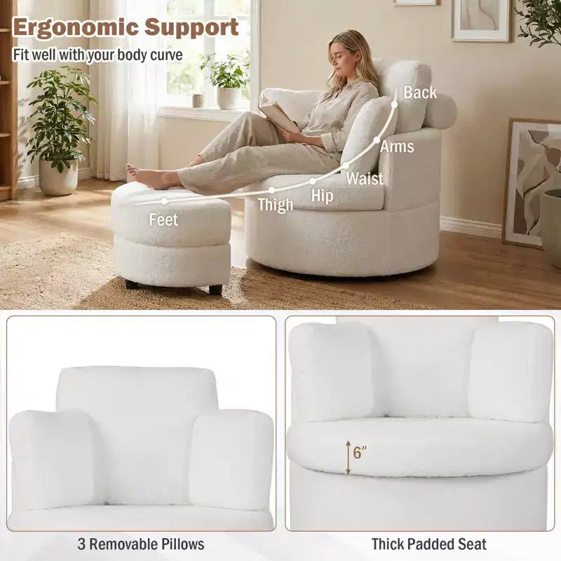 Poltrona a botte girevole in terracotta/bianco con pouf contenitore, per 1